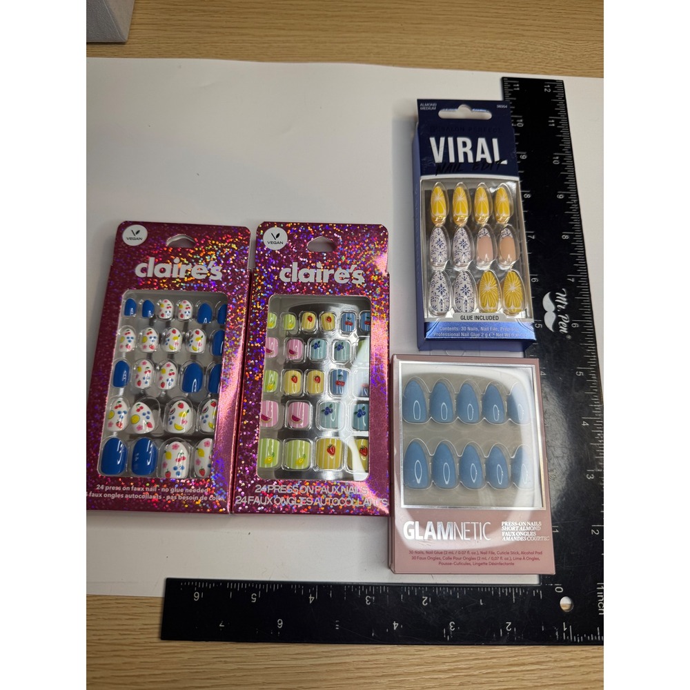 4pk Press On Nails Bundle Glamnetic Claires Viral Almond Square Blue Floral